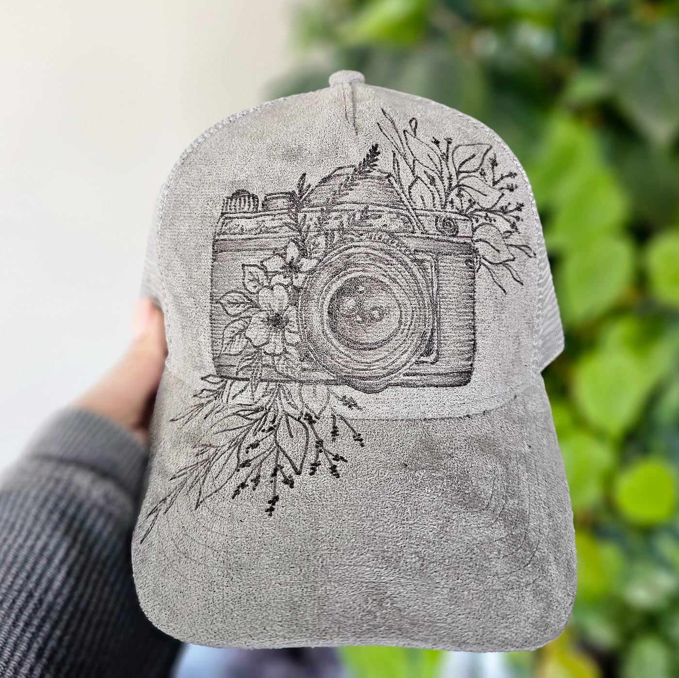 Floral Camera || Gray Suede Baseball Style Mesh Trucker Hat || Freehand Burned