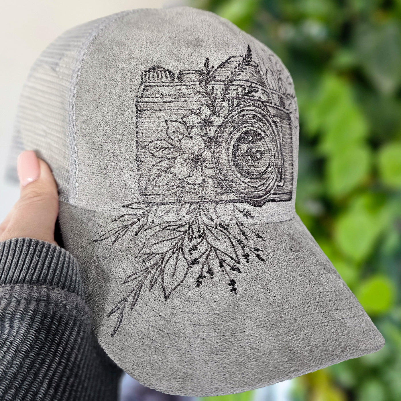 Floral Camera || Gray Suede Baseball Style Mesh Trucker Hat || Freehand Burned