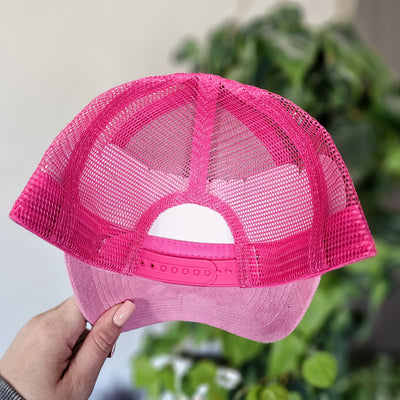 Every Picture Has a Story to Tell || Pink Suede Baseball Style Mesh Trucker Hat || Freehand Burned