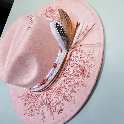 Spring || Light Pink Suede Freehand Burned Wide Brim Hat