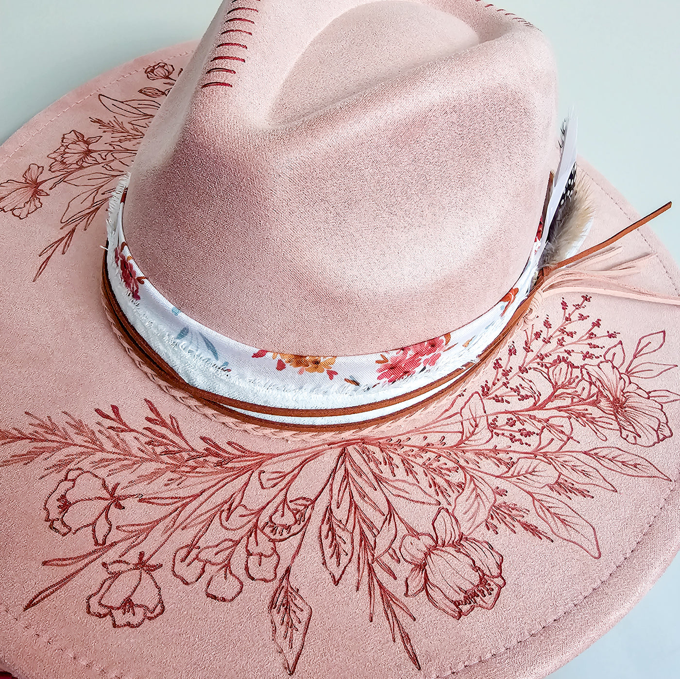 Spring || Light Pink Suede Freehand Burned Wide Brim Hat
