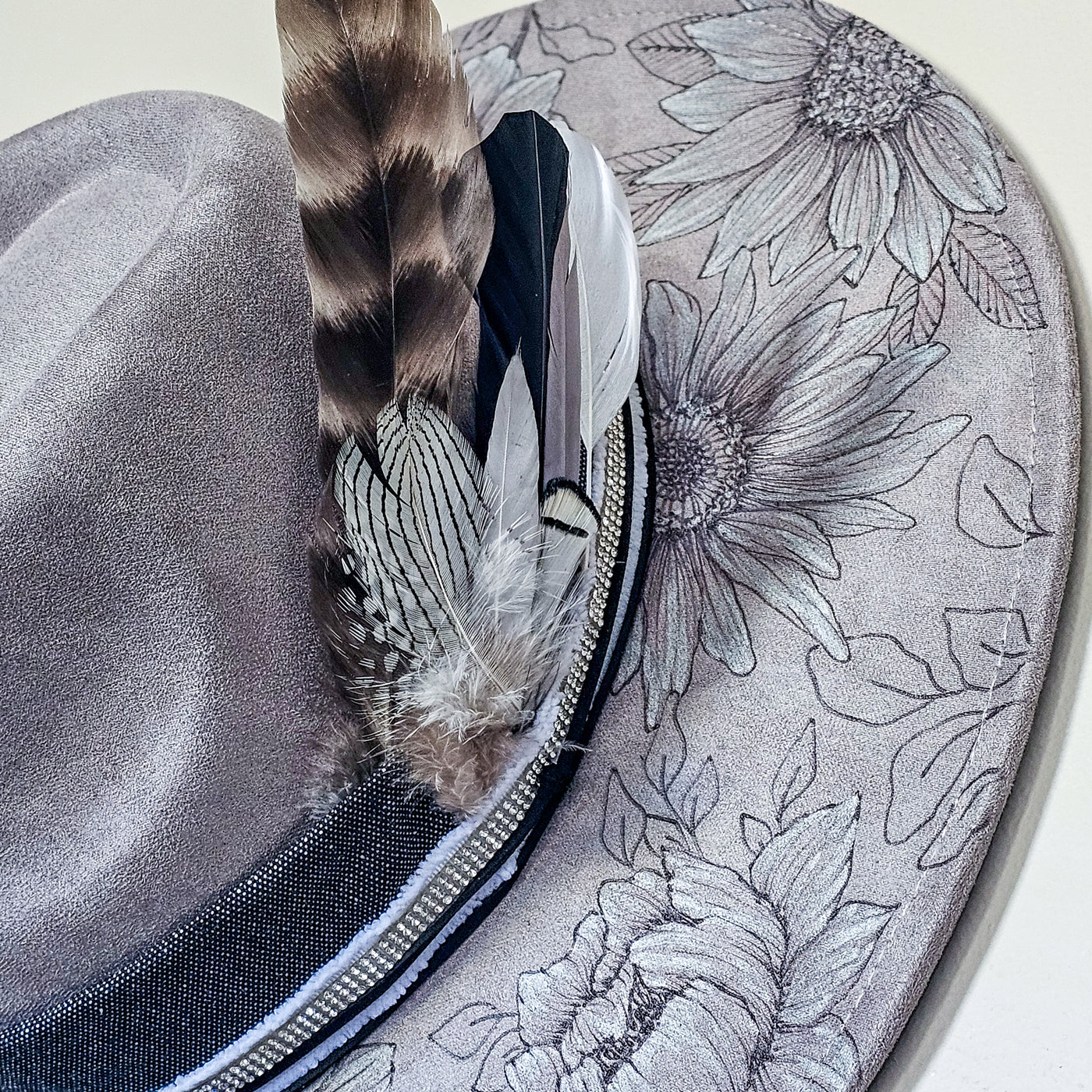 Flowers at Dawn || Charcoal Gray Suede Burned Wide Brim Hat