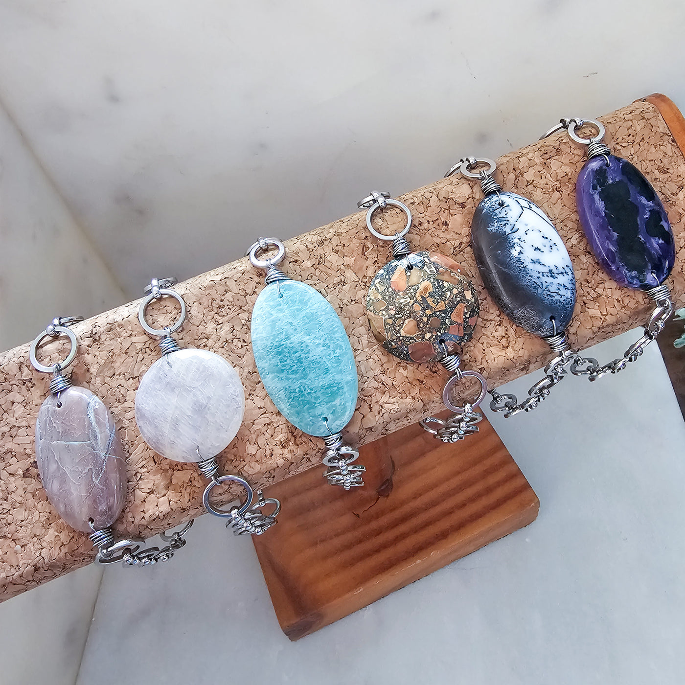 Genuine Stone + Steel Chain Bracelet