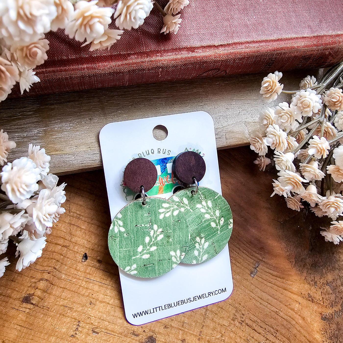 Wood Post + Green Floral Earrings