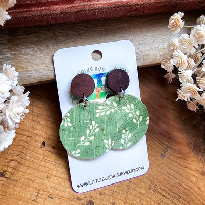 Wood Post + Green Floral Earrings