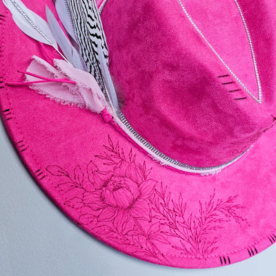 Barbie Pink || Bold Pink Suede Burned Wide Brim Hat