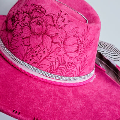 Barbie Pink || Bold Pink Suede Burned Wide Brim Hat