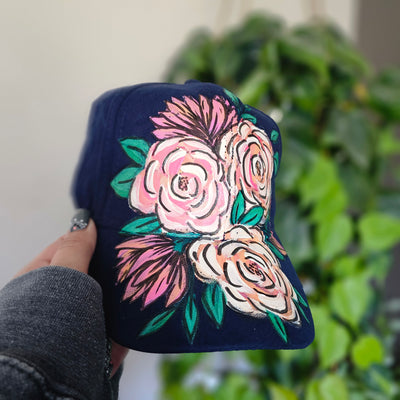 Hand Painted Florals || Baseball Style Suede Hat || Freehand Design