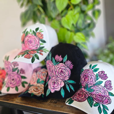 Hand Painted Florals || Baseball Style Suede Hat || Freehand Design