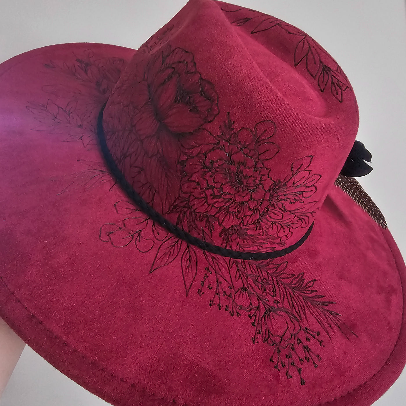 Strawberry Wine || Deep Cranberry Suede Burned Wide Brim Hat