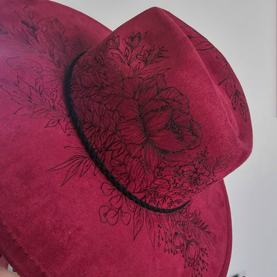 Strawberry Wine || Deep Cranberry Suede Burned Wide Brim Hat