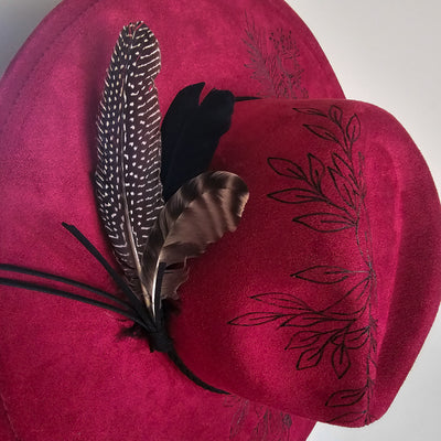 Strawberry Wine || Deep Cranberry Suede Burned Wide Brim Hat