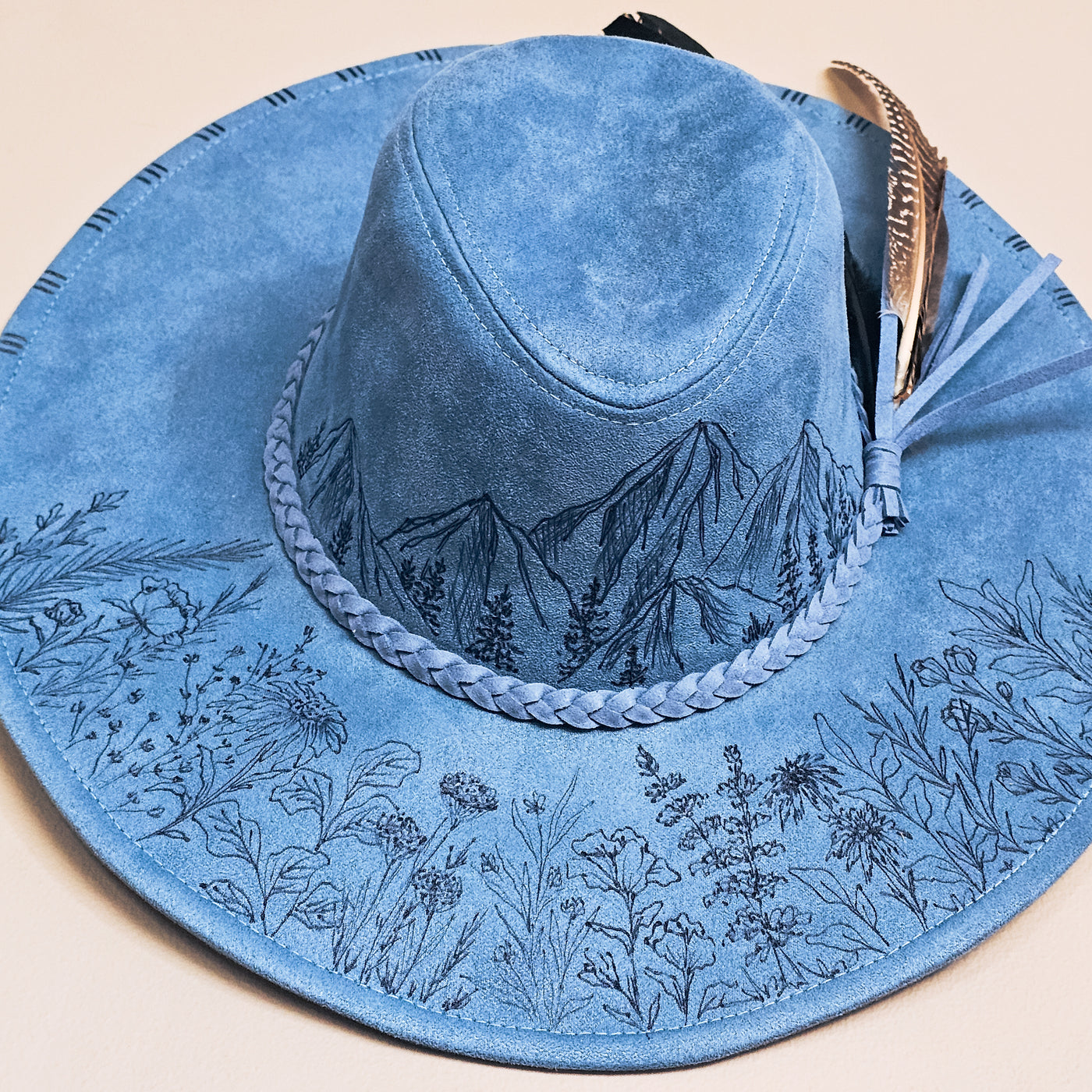 Mountain Blues || Denim Blue Suede Burned Wide Brim Floppy Hat