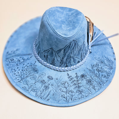 Mountain Blues || Denim Blue Suede Burned Wide Brim Floppy Hat
