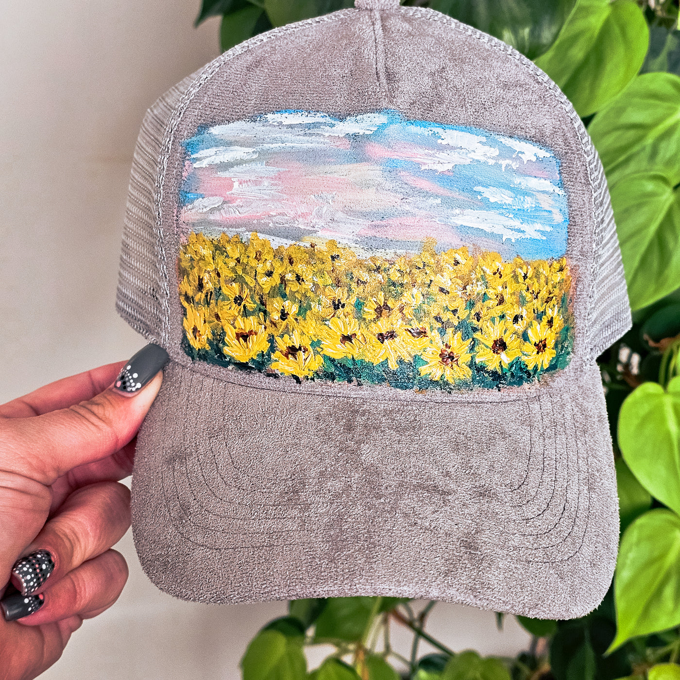 Hand Painted Lanscapes || Trucker Style Suede Hat || Freehand Design