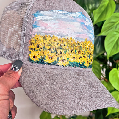 Hand Painted Lanscapes || Trucker Style Suede Hat || Freehand Design