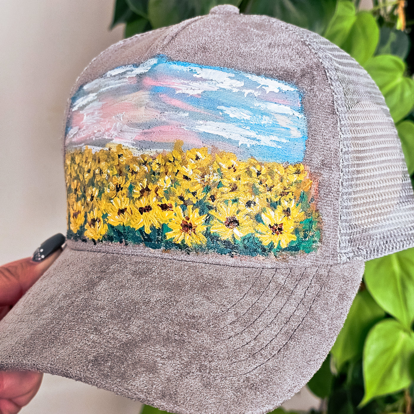 Hand Painted Lanscapes || Trucker Style Suede Hat || Freehand Design