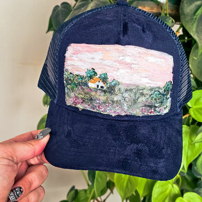 Hand Painted Lanscapes || Trucker Style Suede Hat || Freehand Design