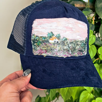 Hand Painted Lanscapes || Trucker Style Suede Hat || Freehand Design