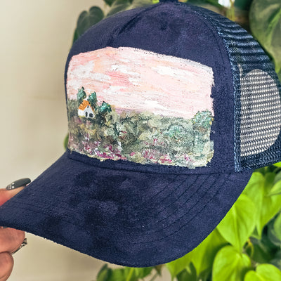 Hand Painted Lanscapes || Trucker Style Suede Hat || Freehand Design