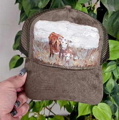 Hand Painted Lanscapes || Trucker Style Suede Hat || Freehand Design