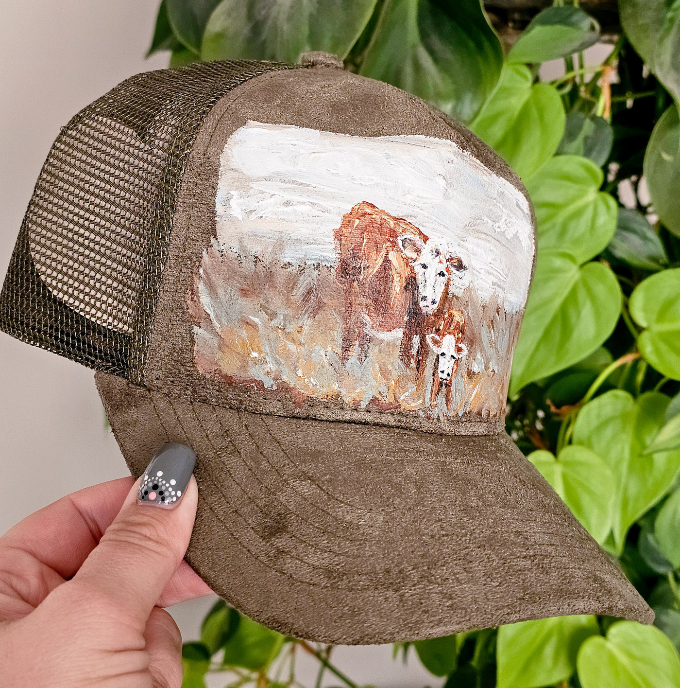 Hand Painted Lanscapes || Trucker Style Suede Hat || Freehand Design