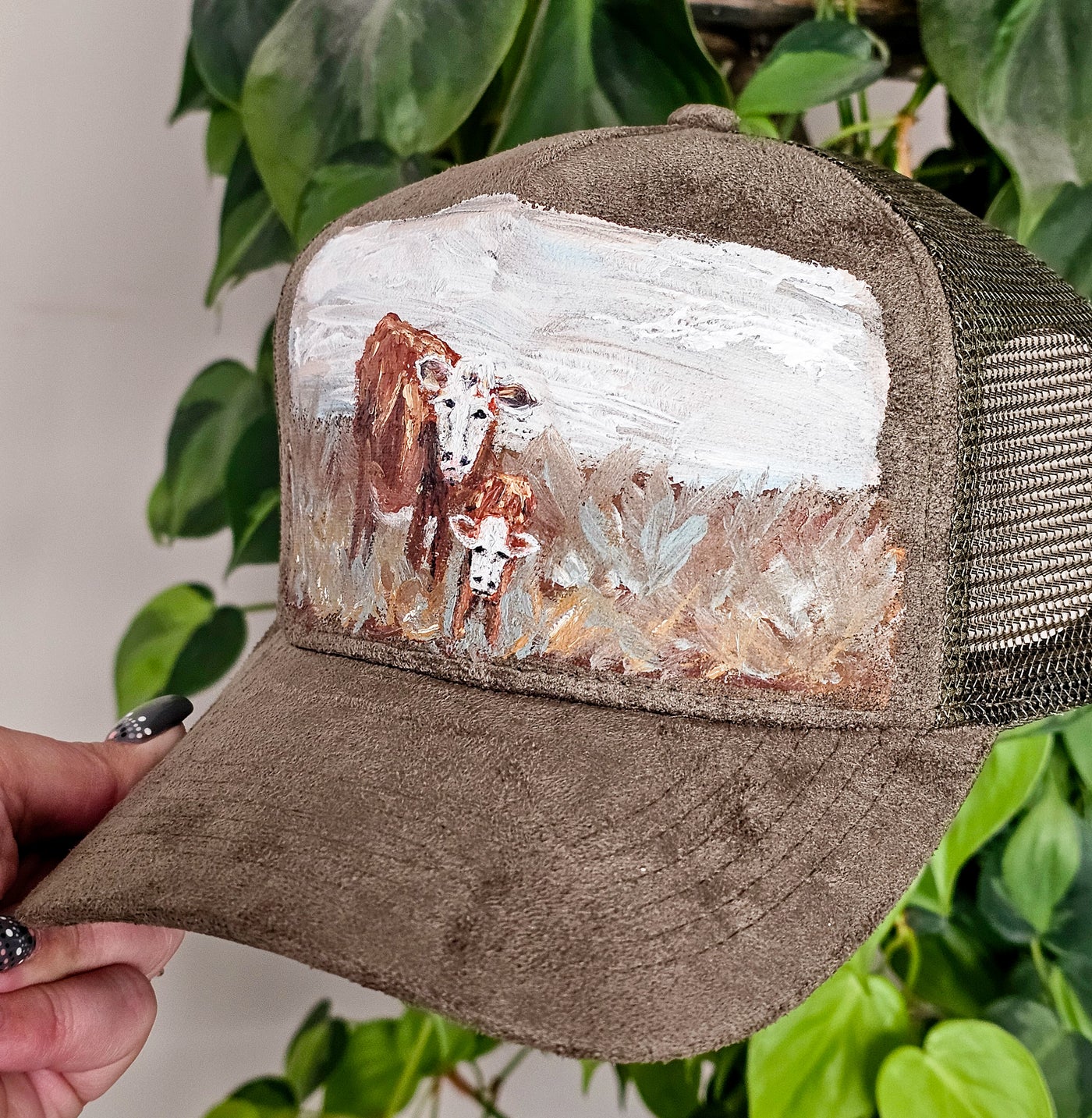 Hand Painted Lanscapes || Trucker Style Suede Hat || Freehand Design