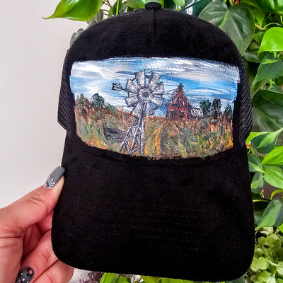 Hand Painted Lanscapes || Trucker Style Suede Hat || Freehand Design