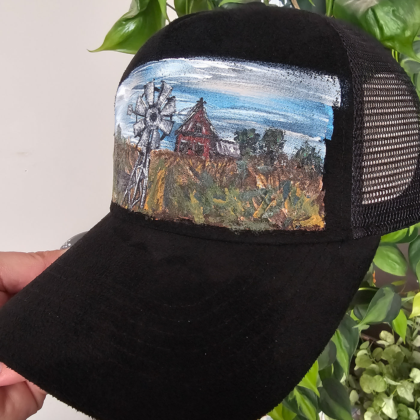 Hand Painted Lanscapes || Trucker Style Suede Hat || Freehand Design