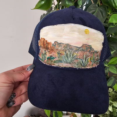 Hand Painted Lanscapes || Trucker Style Suede Hat || Freehand Design