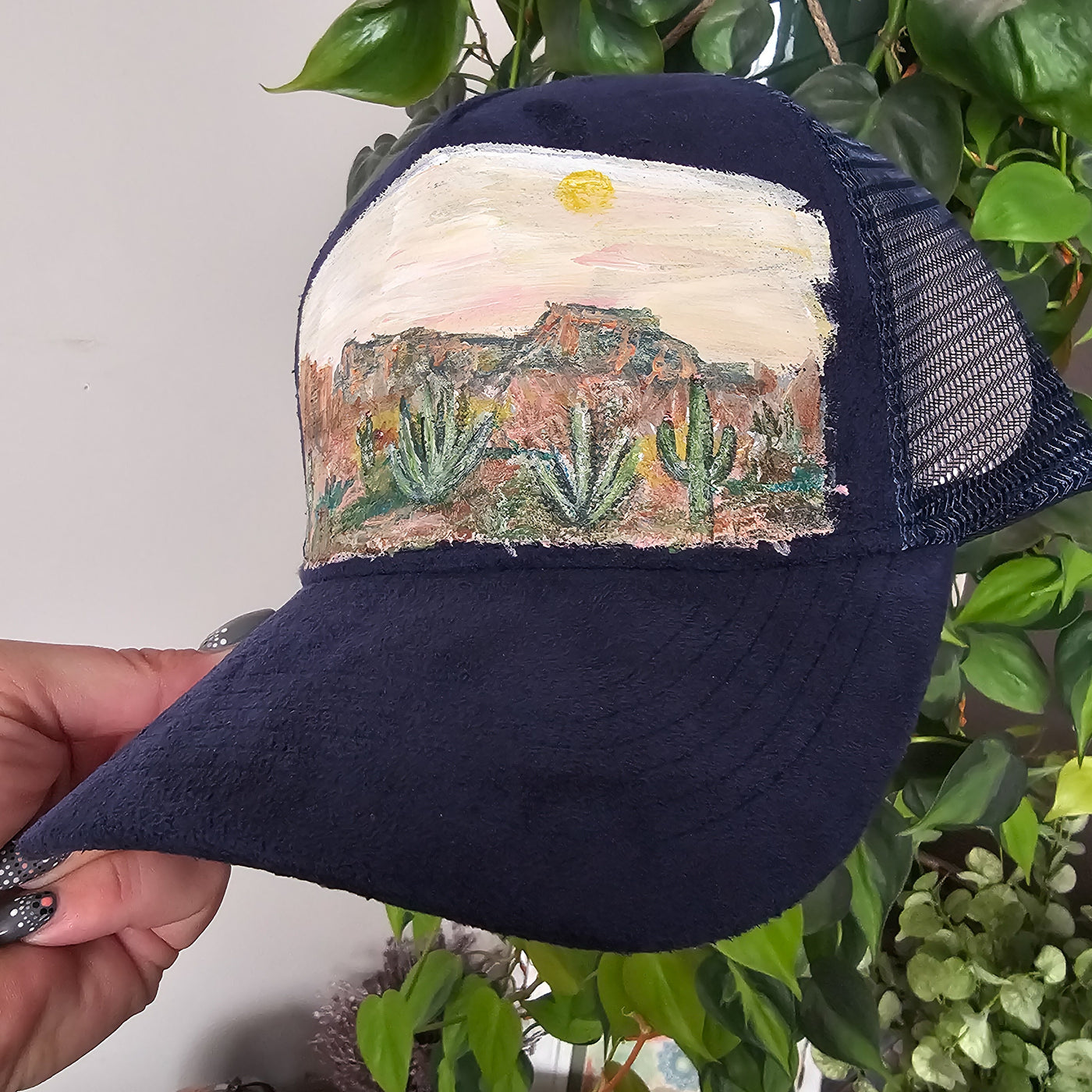 Hand Painted Lanscapes || Trucker Style Suede Hat || Freehand Design