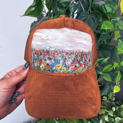 Hand Painted Lanscapes || Trucker Style Suede Hat || Freehand Design