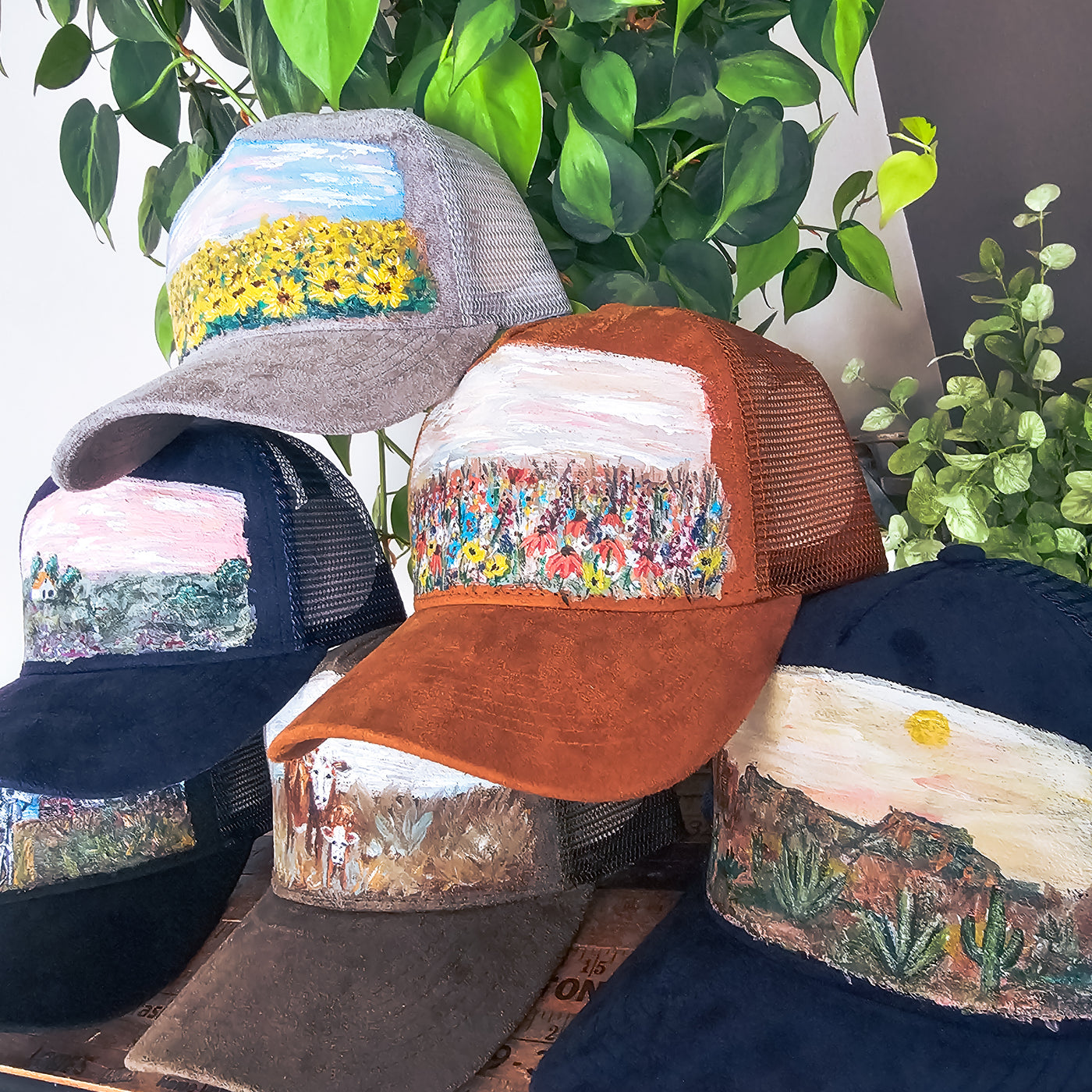 Hand Painted Lanscapes || Trucker Style Suede Hat || Freehand Design