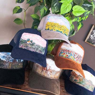 Hand Painted Lanscapes || Trucker Style Suede Hat || Freehand Design