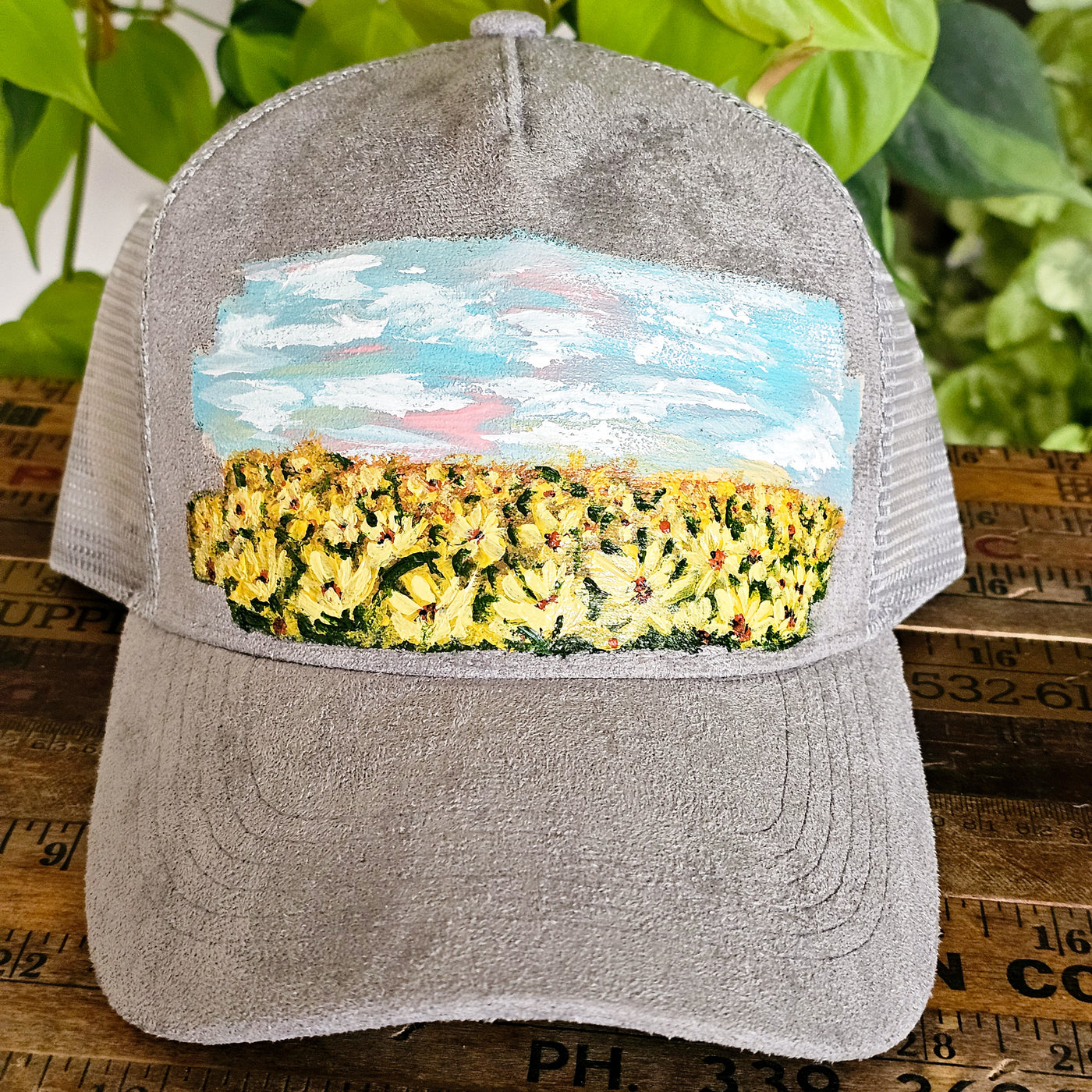 Sunflower Fields|| Trucker Style Suede Hat || Freehand Design