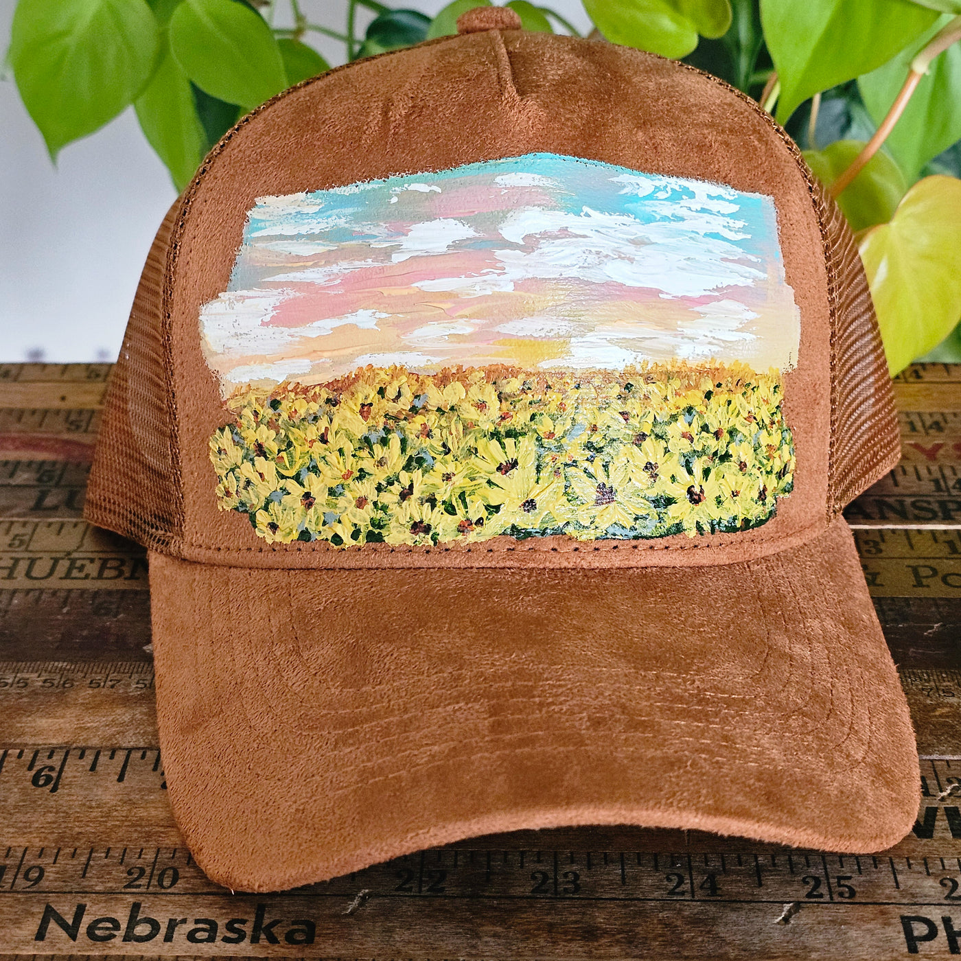 Sunflower Fields|| Trucker Style Suede Hat || Freehand Design
