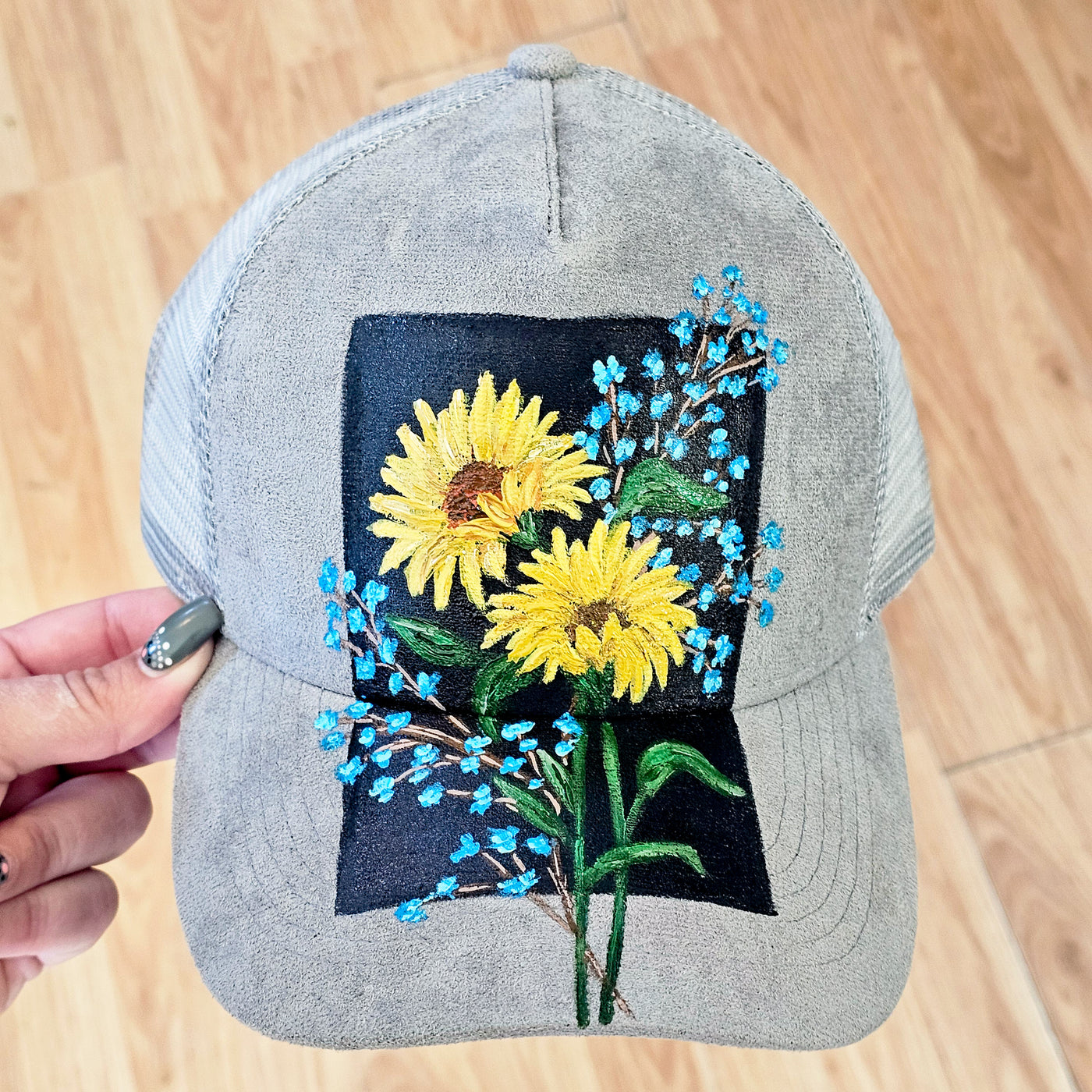 Black Canvas Florals || Trucker Style Suede Hat || Freehand Design