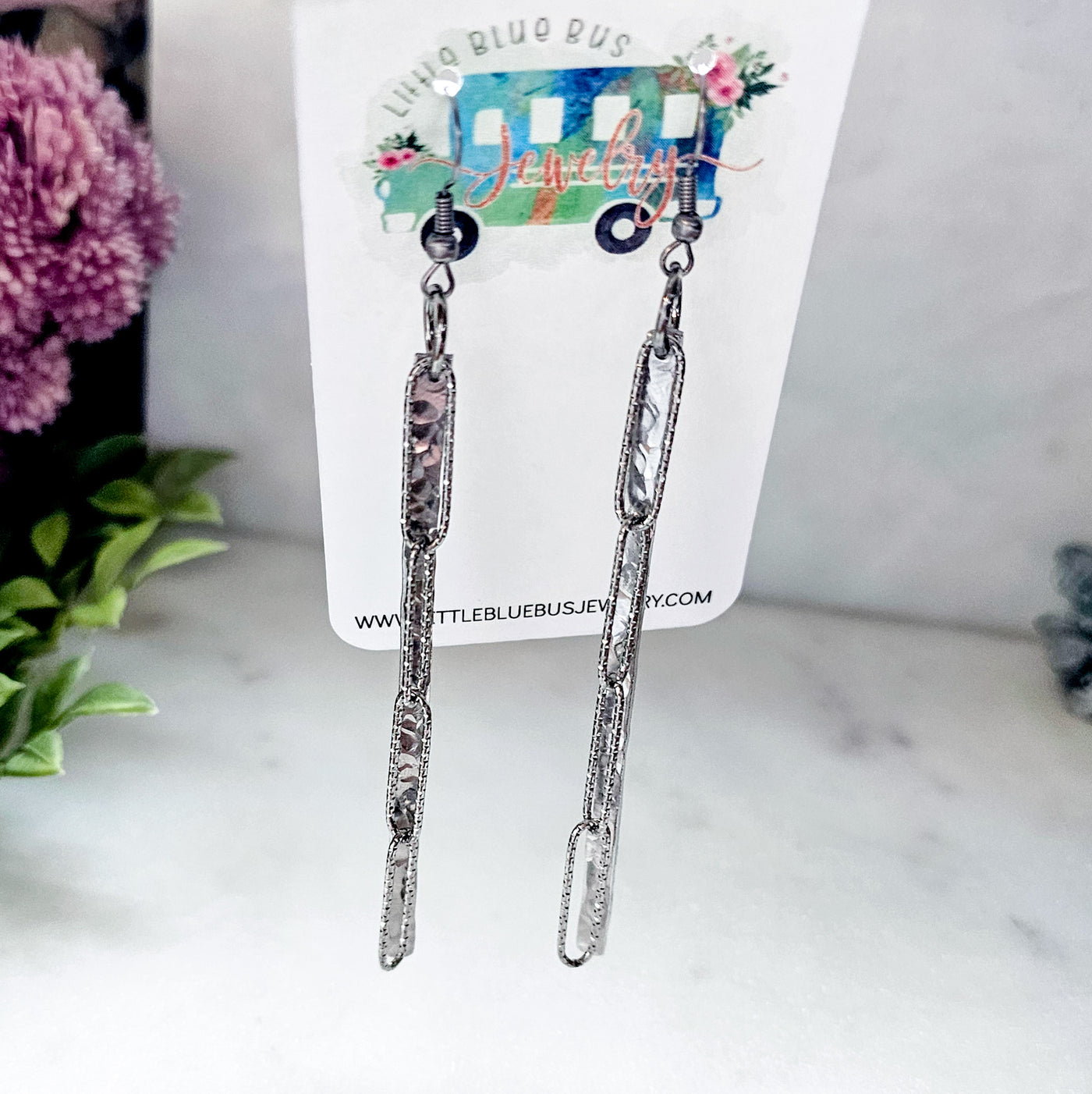 Hammered Bar + Steel Chain Earrings