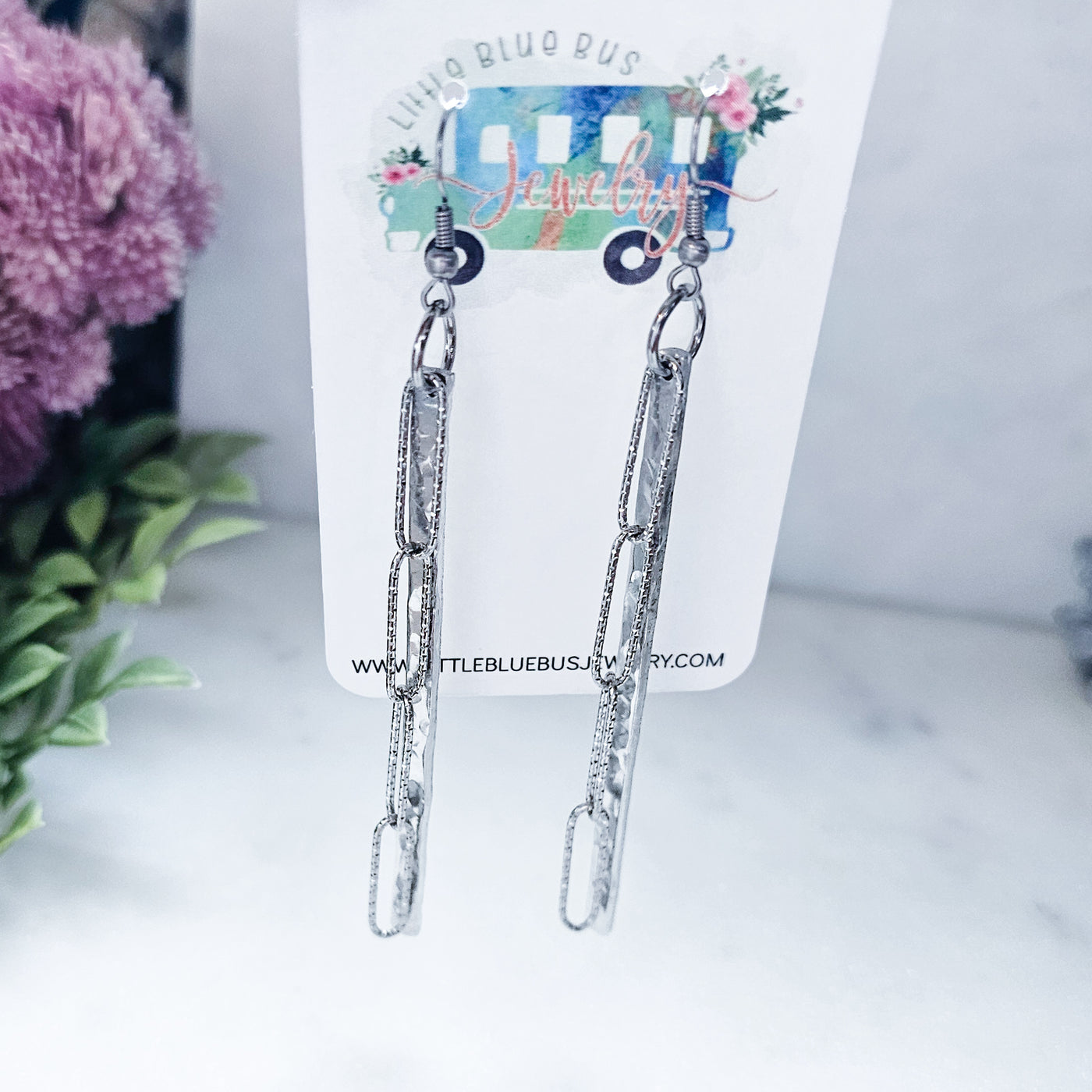 Hammered Bar + Steel Chain Earrings