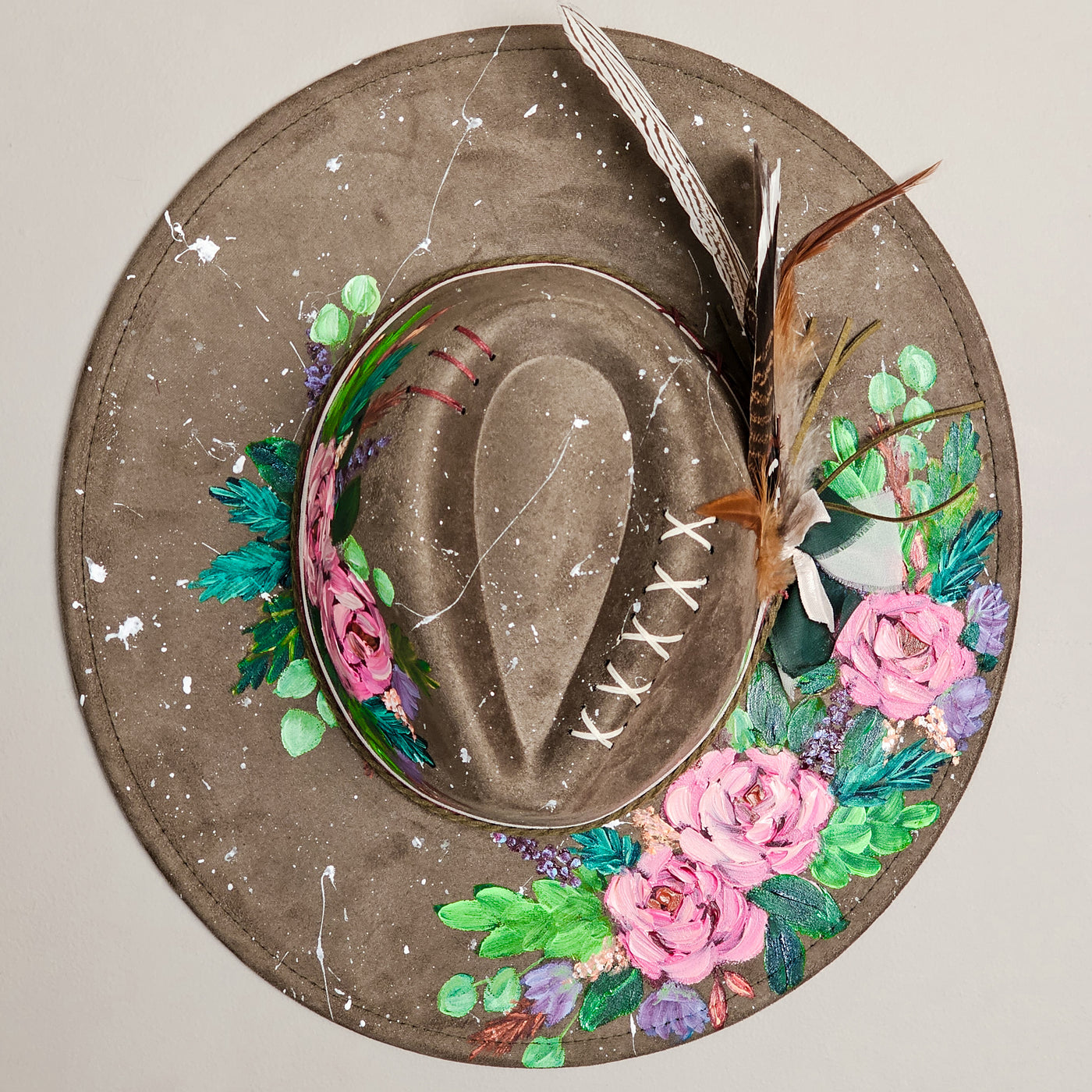Splatter Paint Florals || Deep Olive Freehand Painted Wide Brim Hat