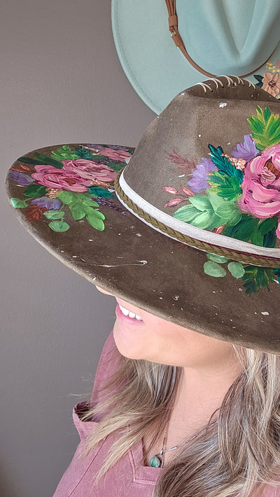 Splatter Paint Florals || Deep Olive Freehand Painted Wide Brim Hat