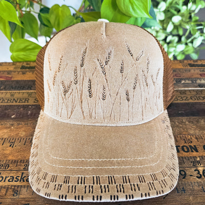 The Wheat State || Light Tan Velvet Baseball Style Mesh Trucker Hat || Freehand Burned