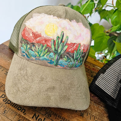 Desert Dreams || Suede Baseball Style Mesh Trucker Hat || Hand Painted