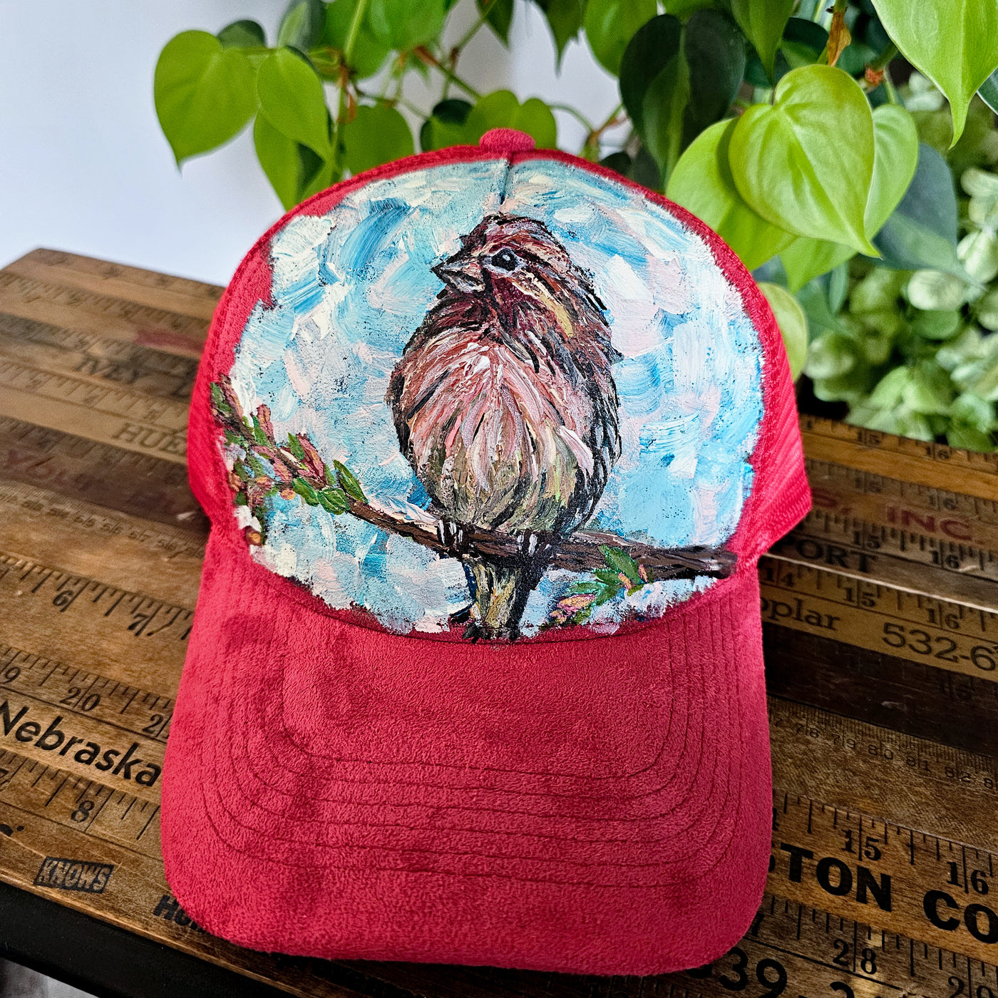 Pretty Girl || Red Suede Baseball Style Mesh Trucker Hat || Hand Painted