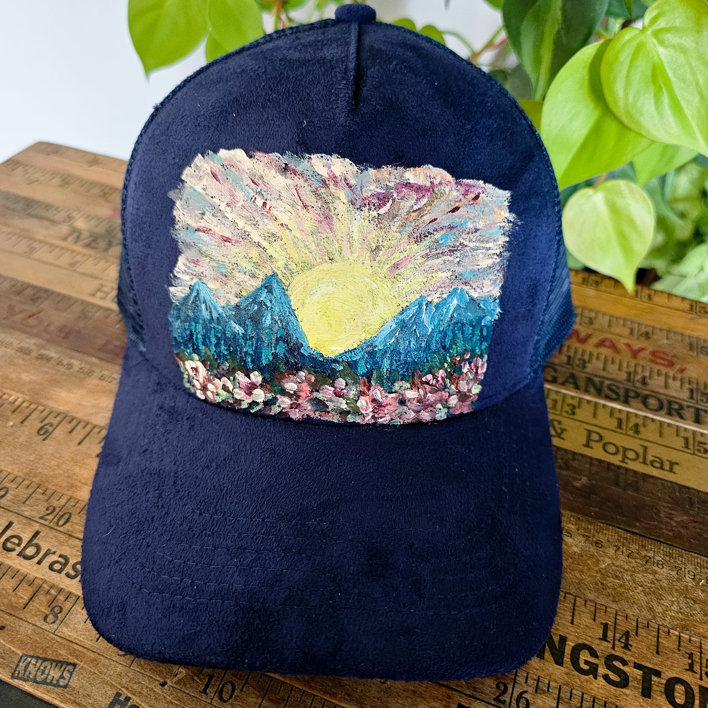 Wildflower Mountain Sunrise || Navy Suede Baseball Style Mesh Trucker Hat || Hand Painted