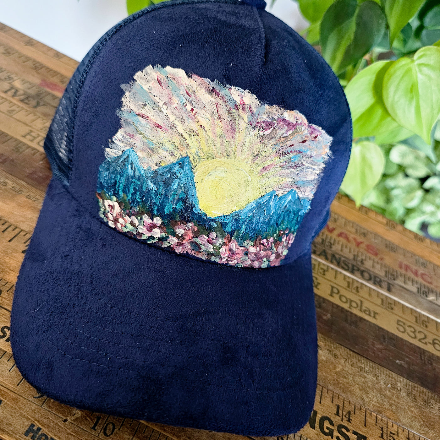 Wildflower Mountain Sunrise || Navy Suede Baseball Style Mesh Trucker Hat || Hand Painted