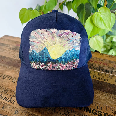 Wildflower Mountain Sunrise || Navy Suede Baseball Style Mesh Trucker Hat || Hand Painted