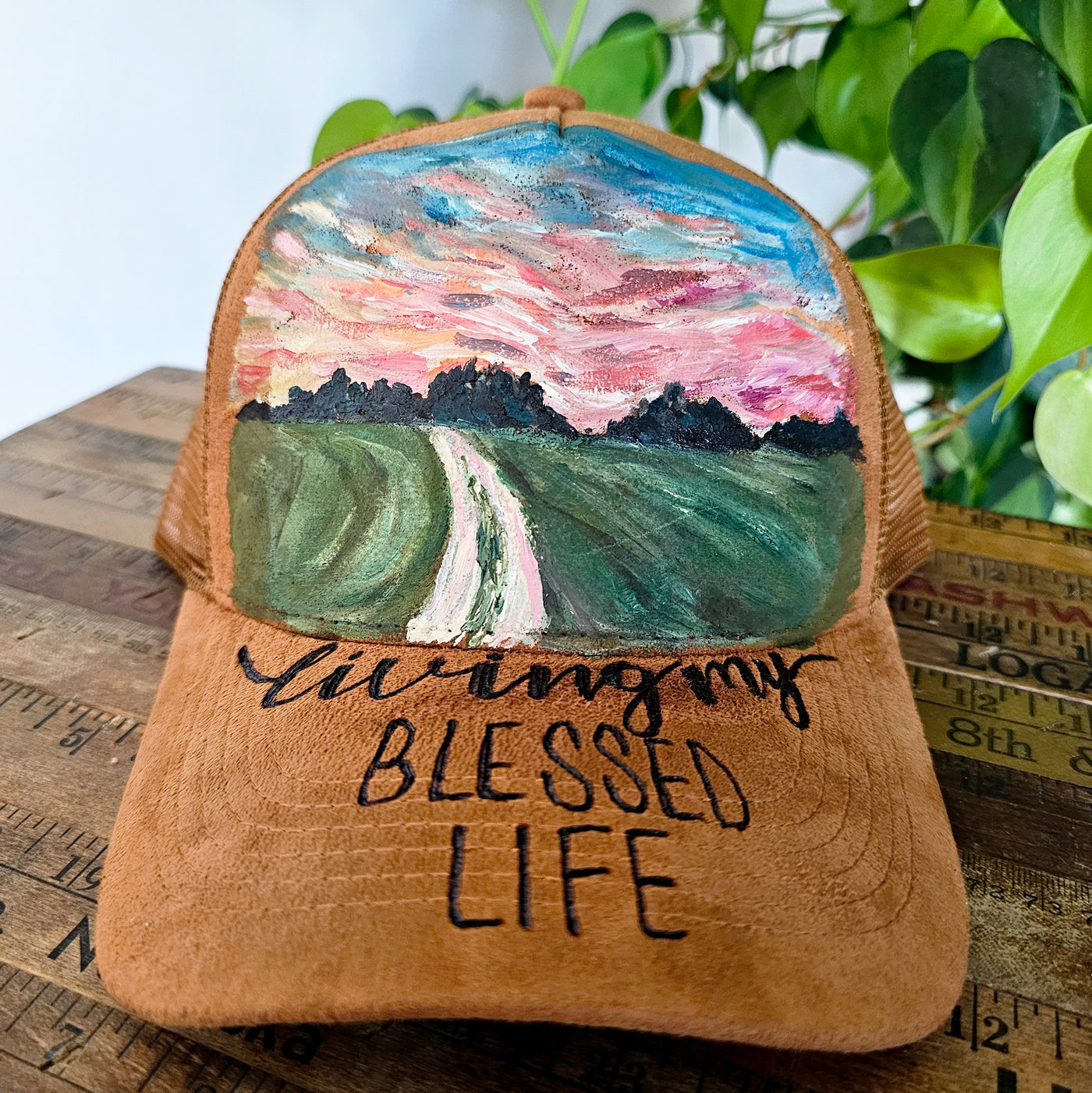 Living My Blessed Life || Camel Suede Baseball Style Mesh Trucker Hat || Hand Painted