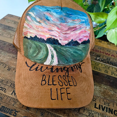 Living My Blessed Life || Camel Suede Baseball Style Mesh Trucker Hat || Hand Painted