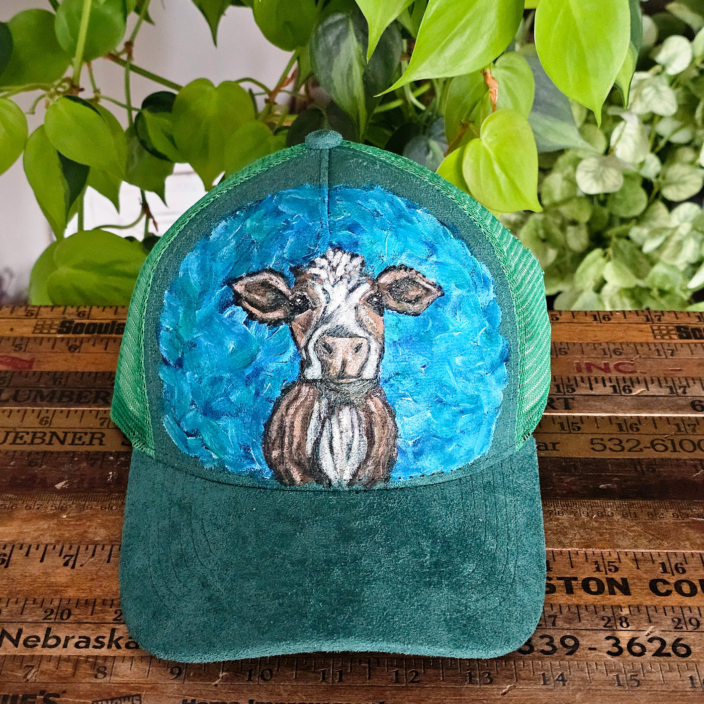 Curious Cow || Green Suede Baseball Style Mesh Trucker Hat || Hand Painted